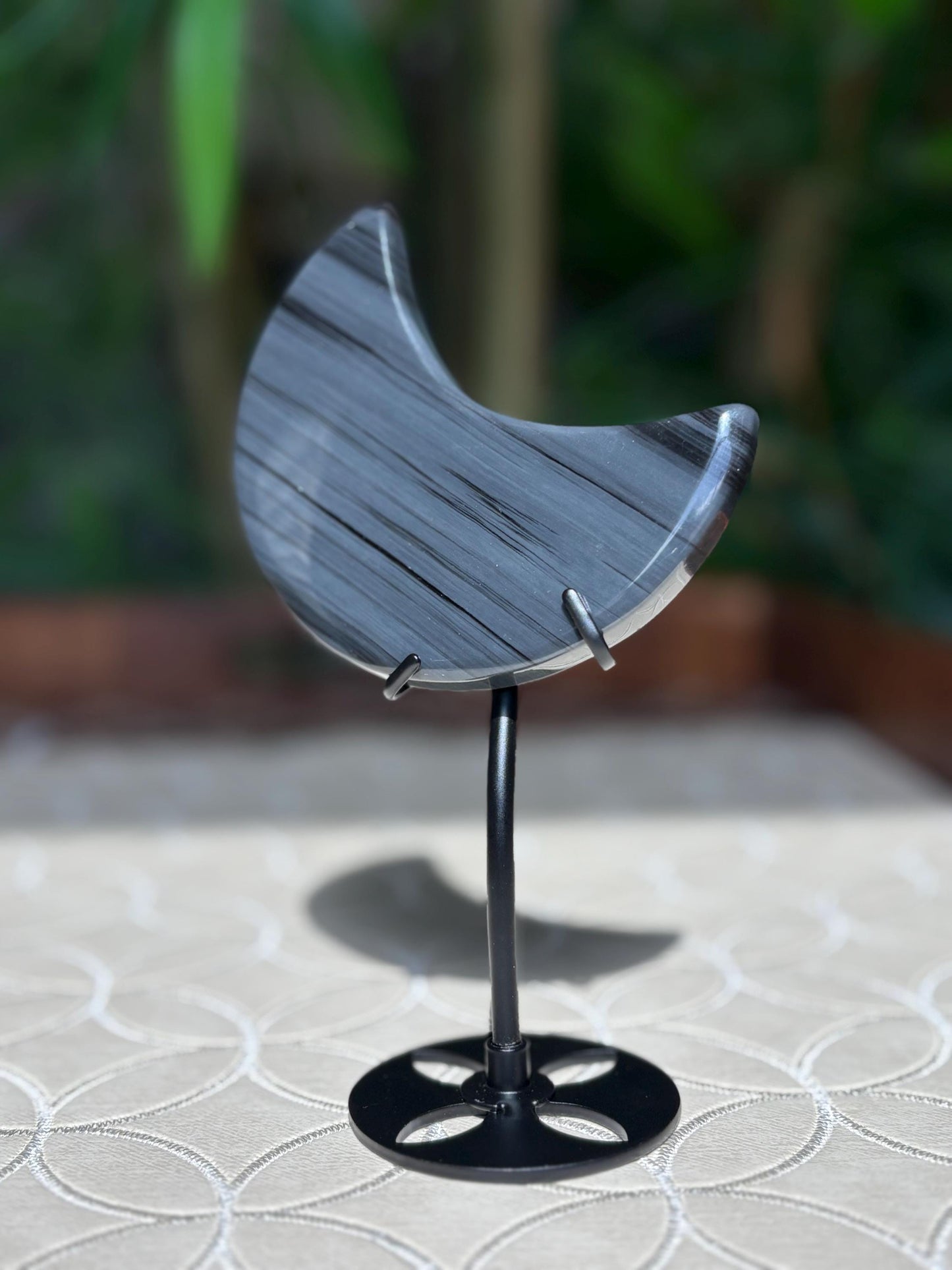 Midnight Lace Ice Obsidian Crystal Moon Carving with Stand ; 3.44 Inches