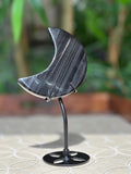 Midnight Lace Ice Obsidian Crystal Moon Carving with Stand ; 3.44 Inches