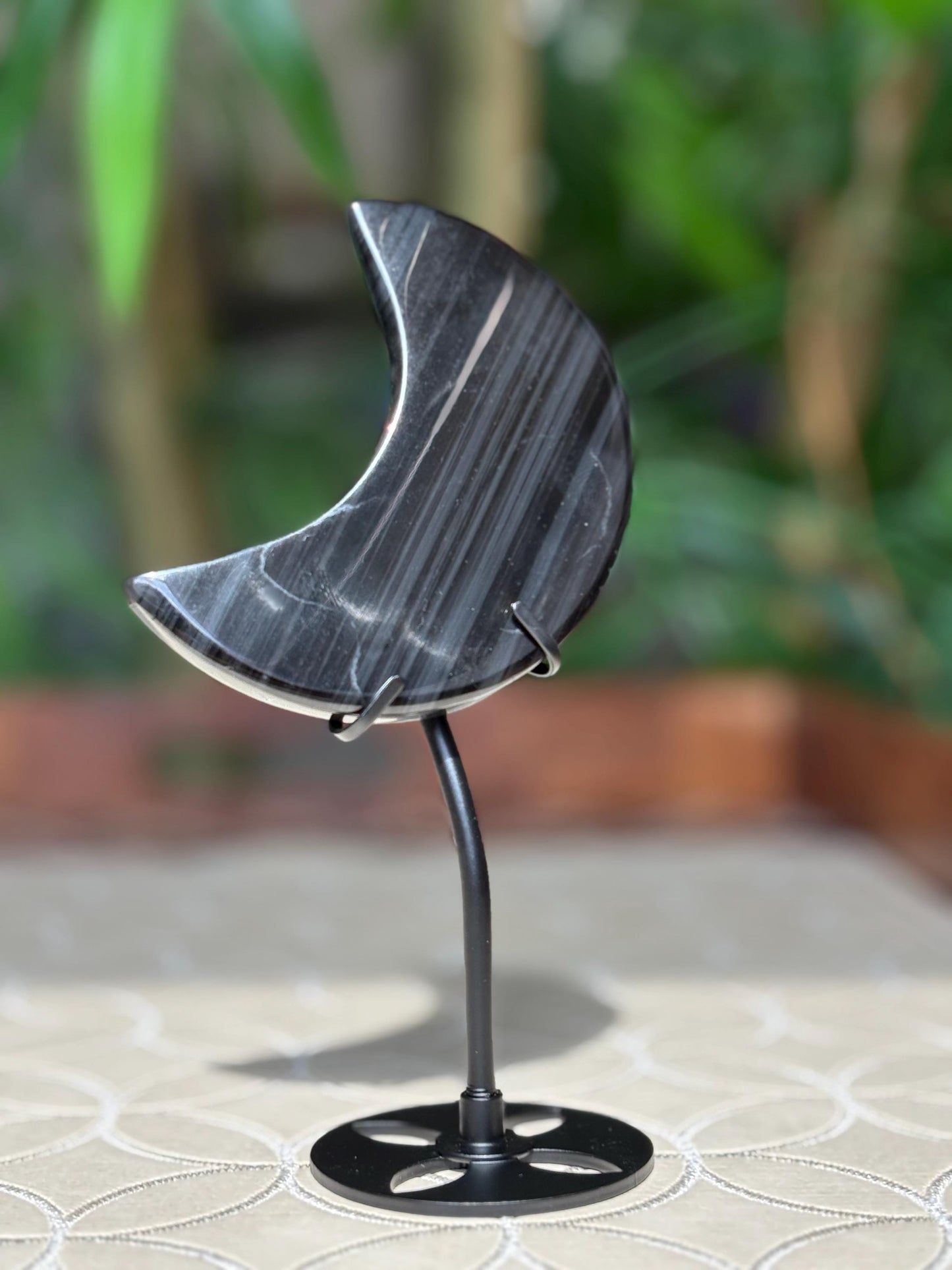 Midnight Lace Ice Obsidian Crystal Moon Carving with Stand ; 3.44 Inches