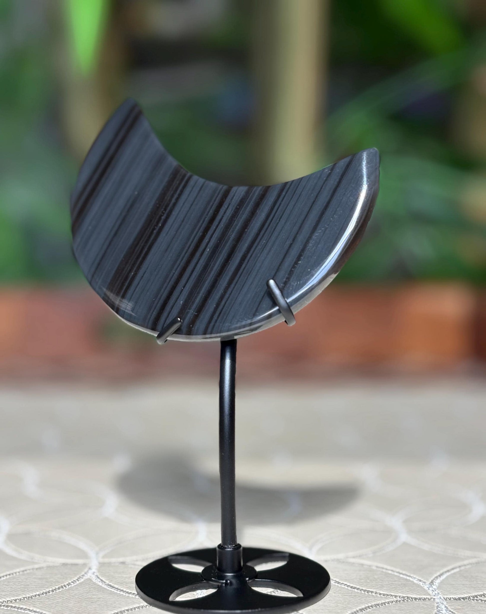Midnight Lace Ice Obsidian Crystal Moon Carving with Stand ; 3.44 Inches