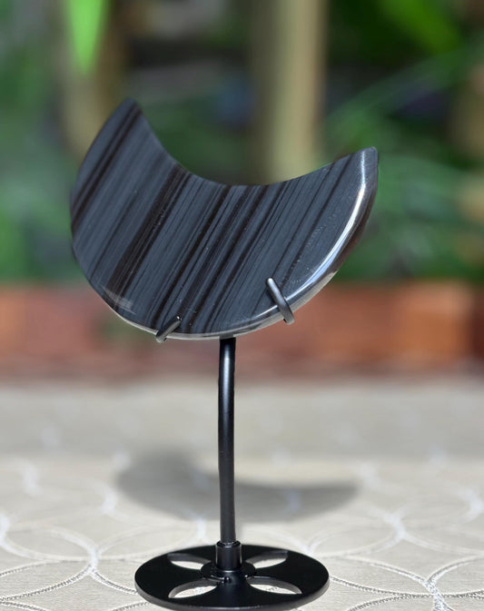 Midnight Lace Ice Obsidian Crystal Moon Carving with Stand ; 3.44 Inches