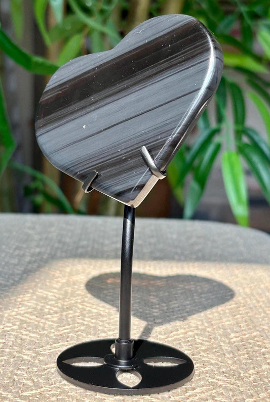 Midnight Lace Ice Obsidian Crystal Moon Carving with Stand ; 2.64 Inches