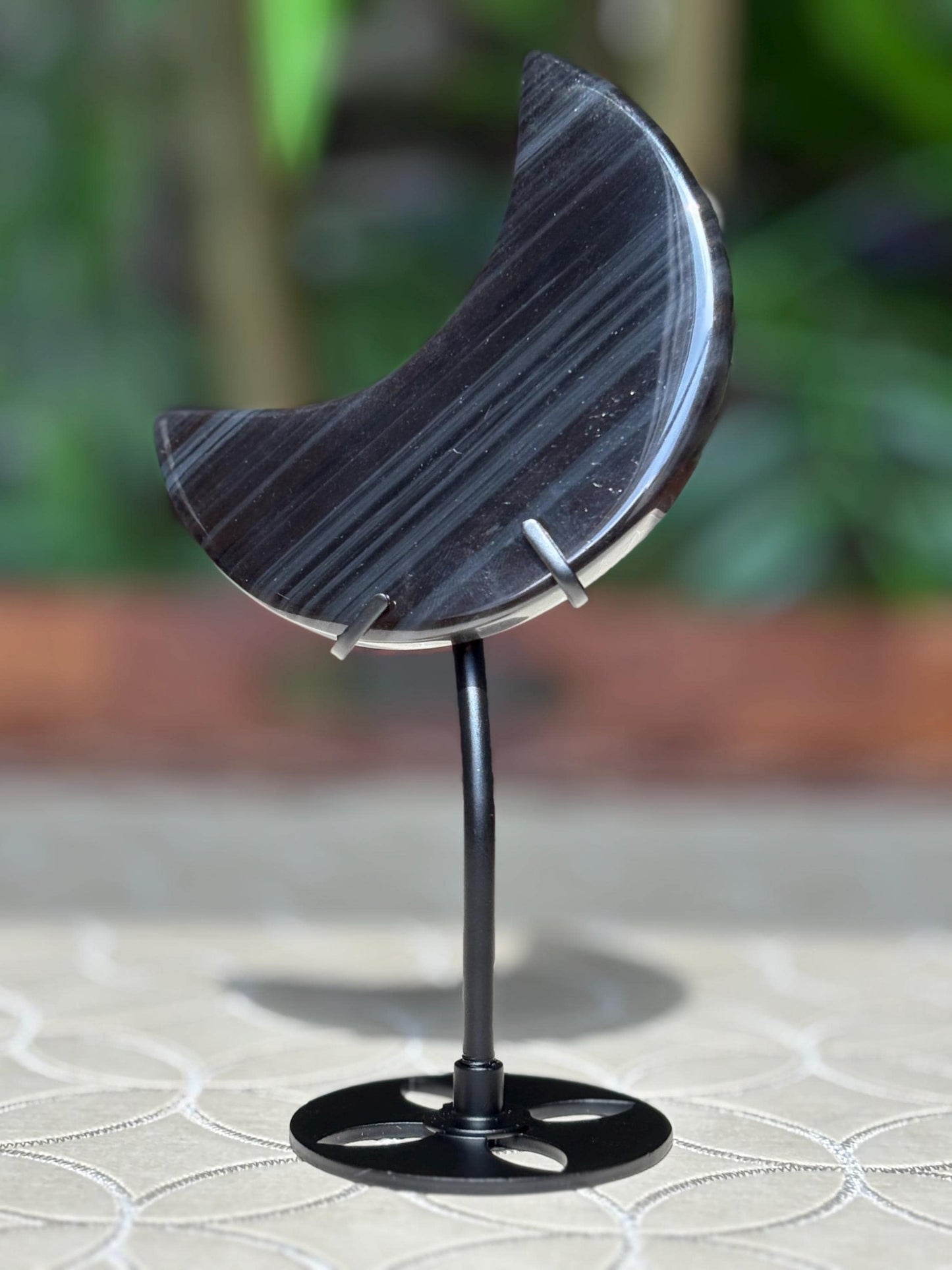 Midnight Lace Ice Obsidian Crystal Moon Carving with Stand ; 3.44 Inches