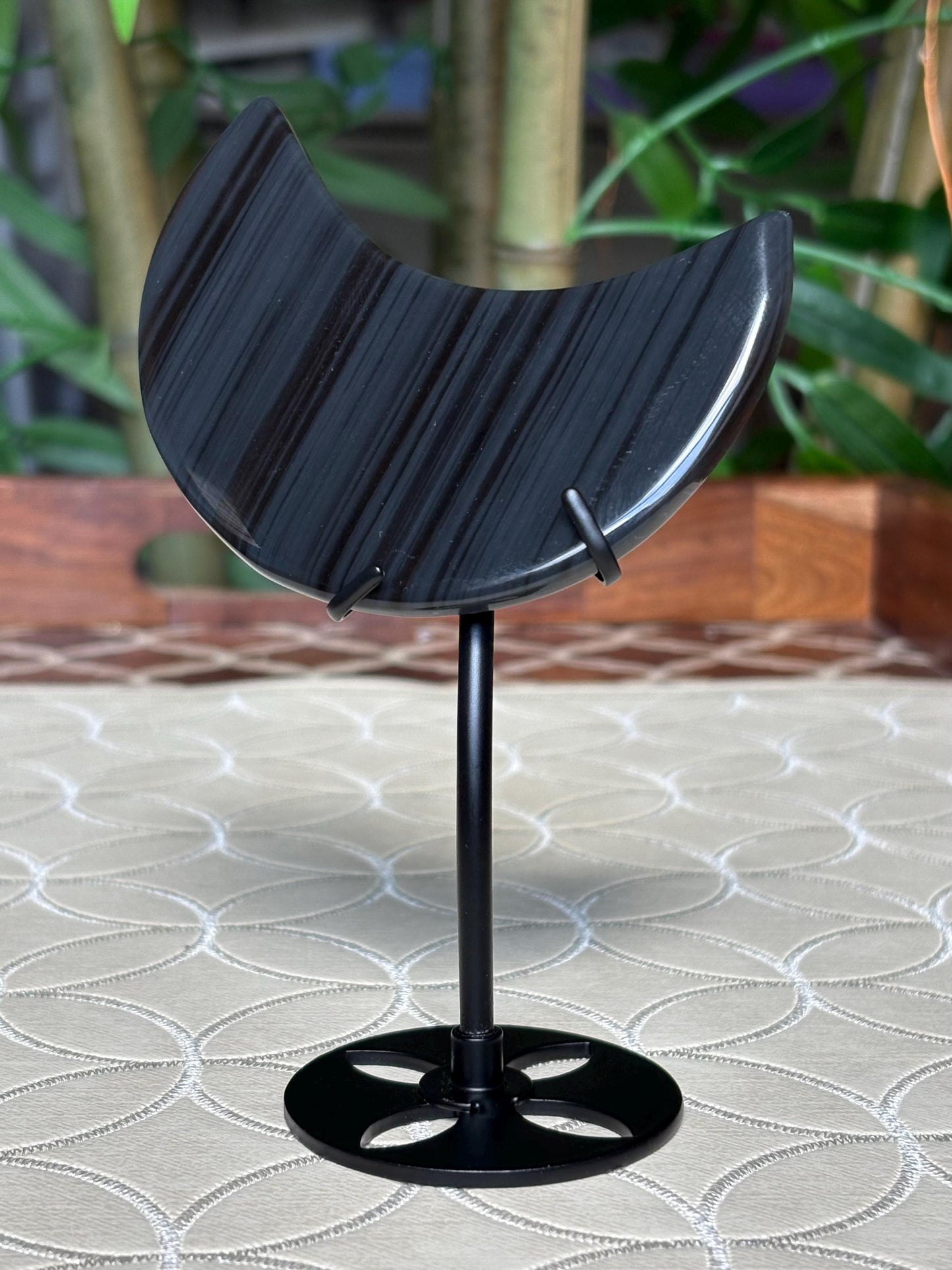 Midnight Lace Ice Obsidian Crystal Moon Carving with Stand ; 3.44 Inches