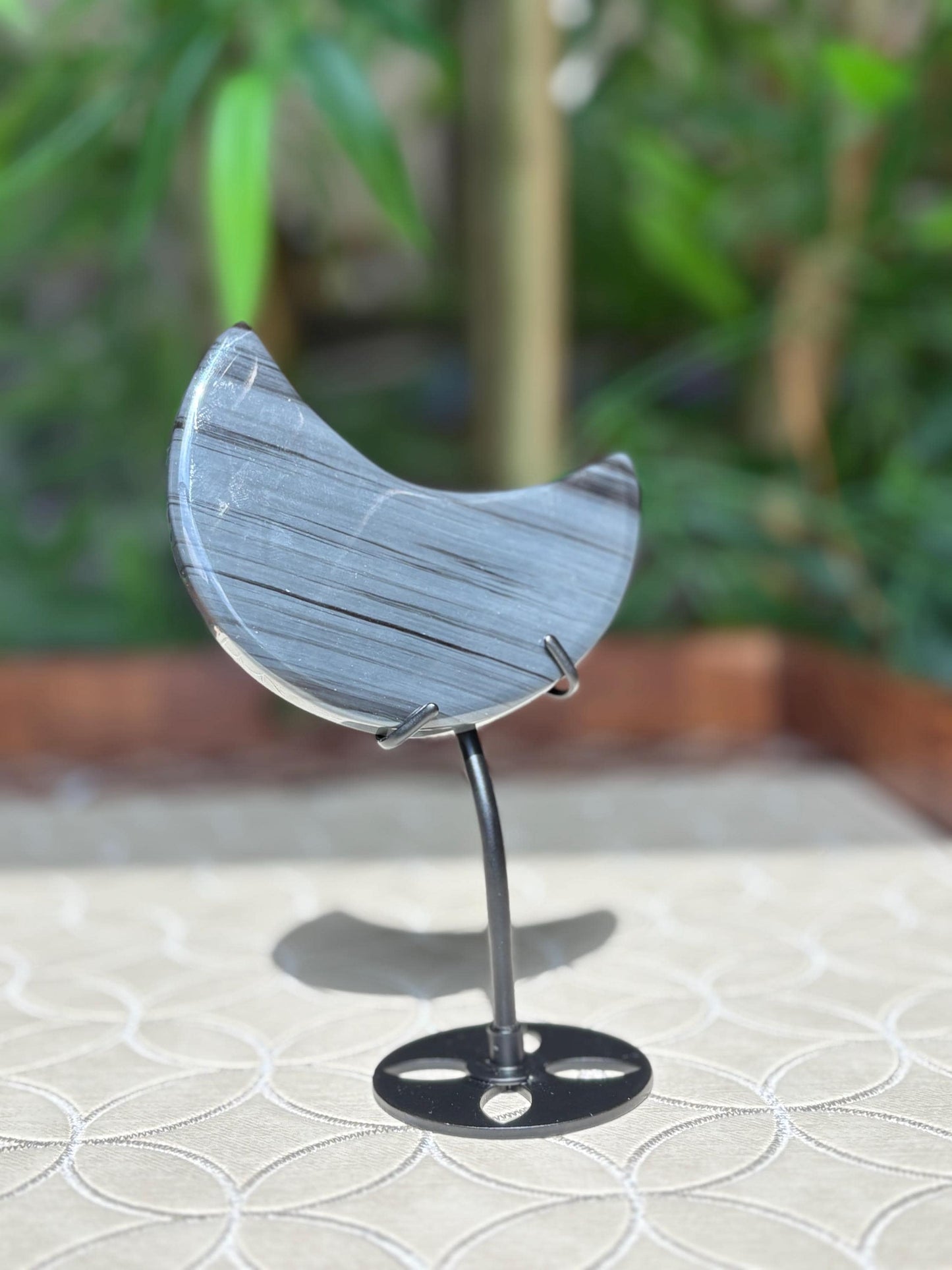 Midnight Lace Ice Obsidian Crystal Moon Carving with Stand ; 3.44 Inches