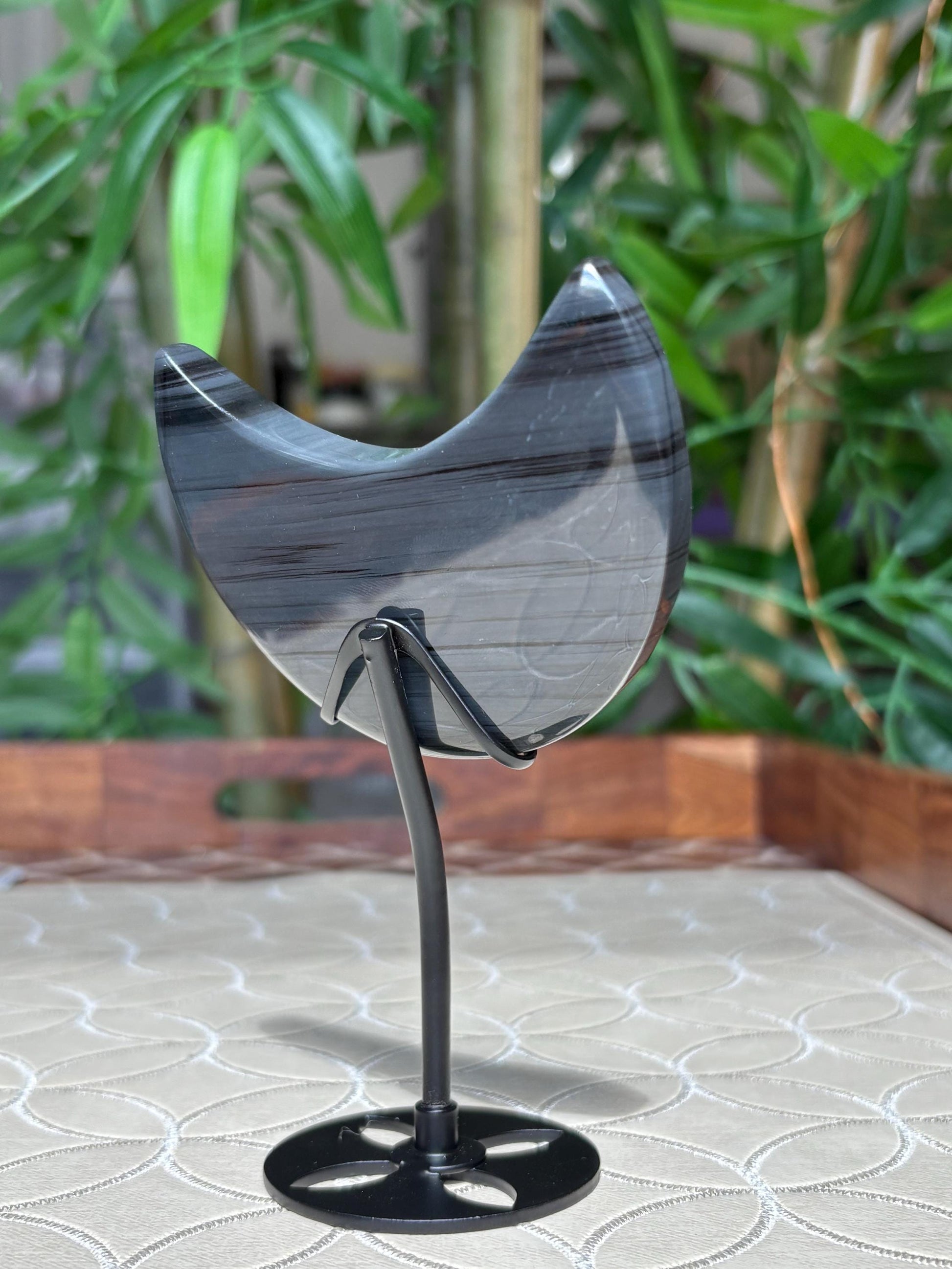 Midnight Lace Ice Obsidian Crystal Moon Carving with Stand ; 3.44 Inches