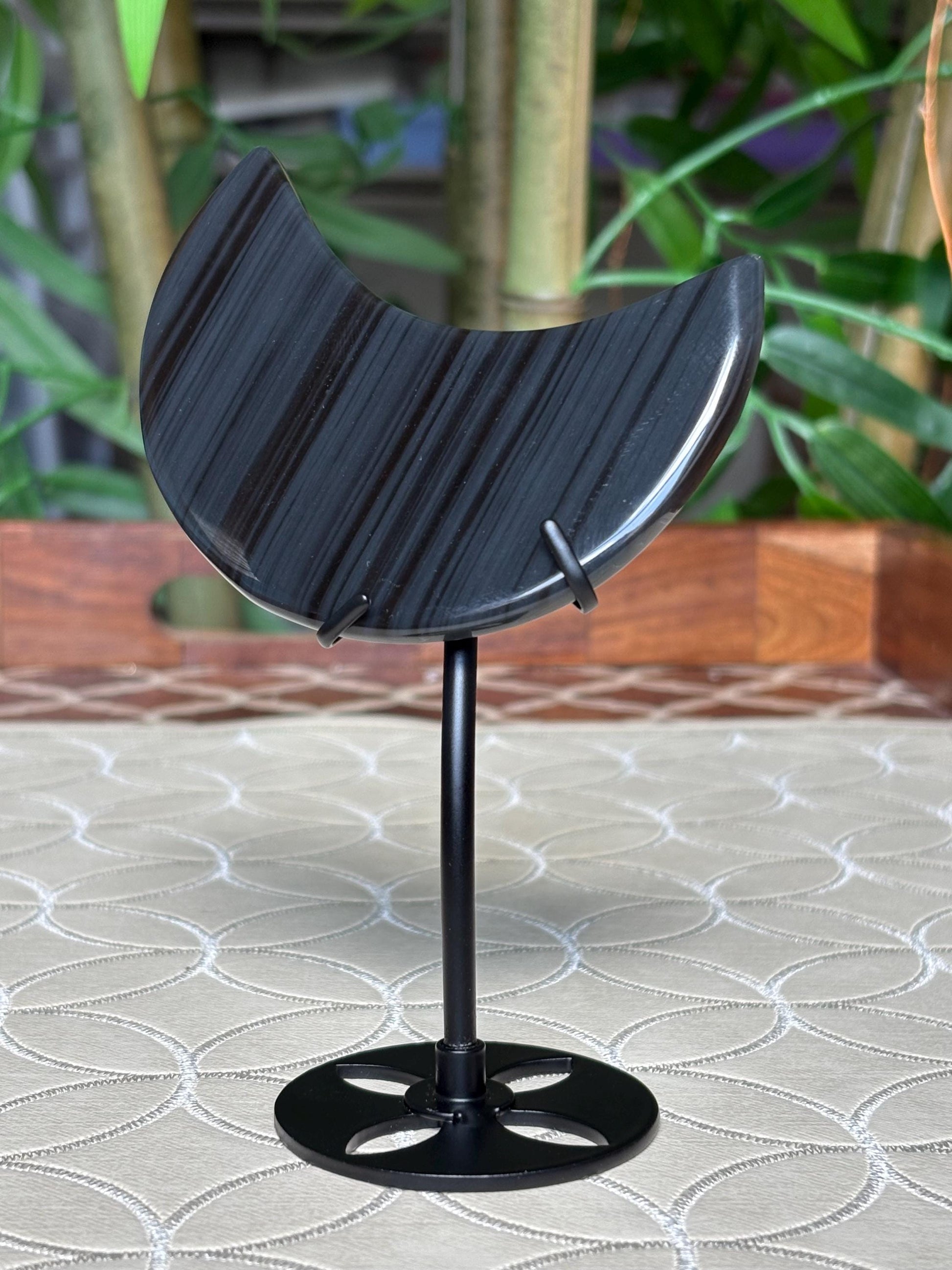 Midnight Lace Ice Obsidian Crystal Moon Carving with Stand ; 3.44 Inches