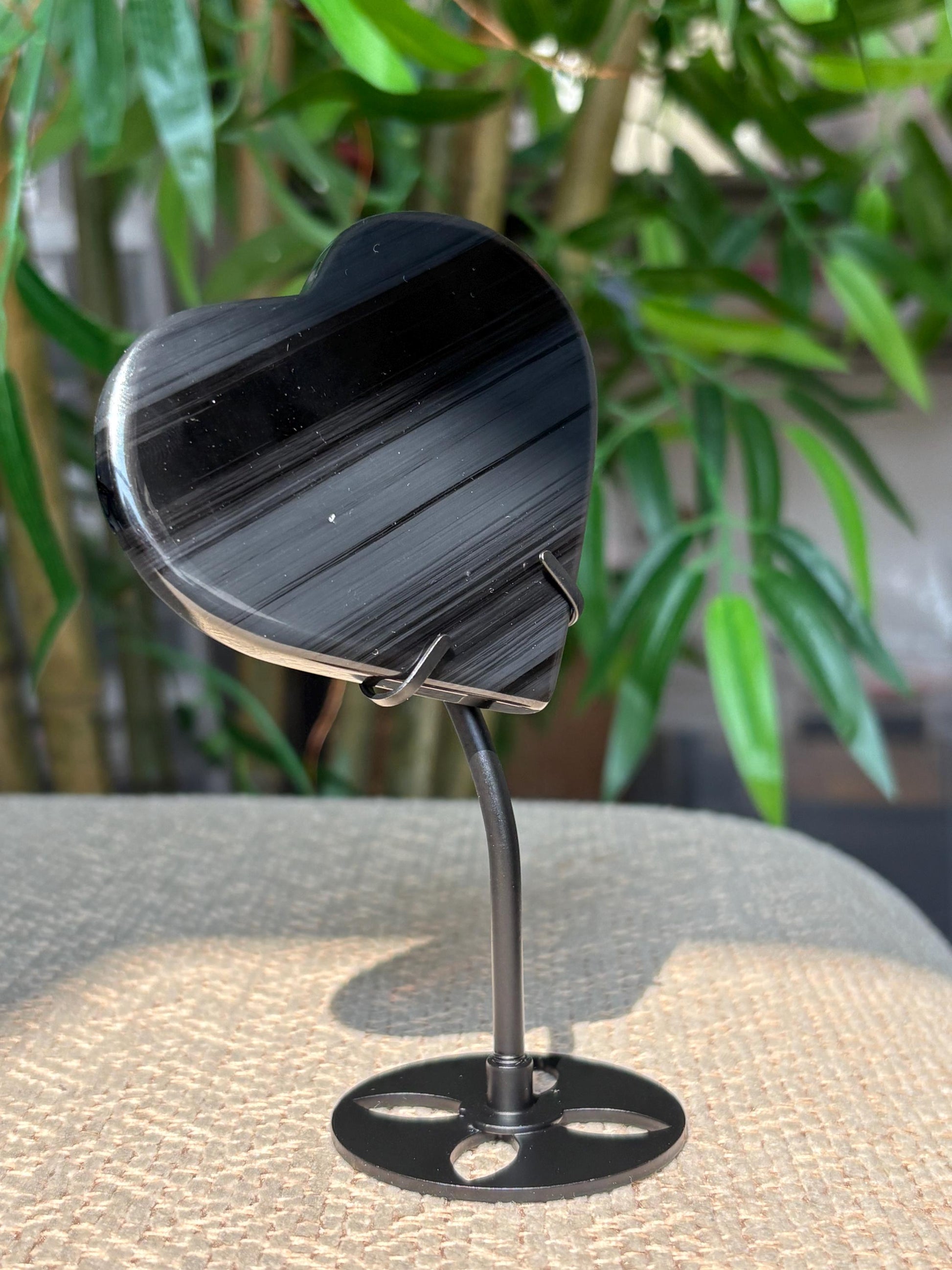 Midnight Lace Ice Obsidian Crystal Moon Carving with Stand ; 2.64 Inches