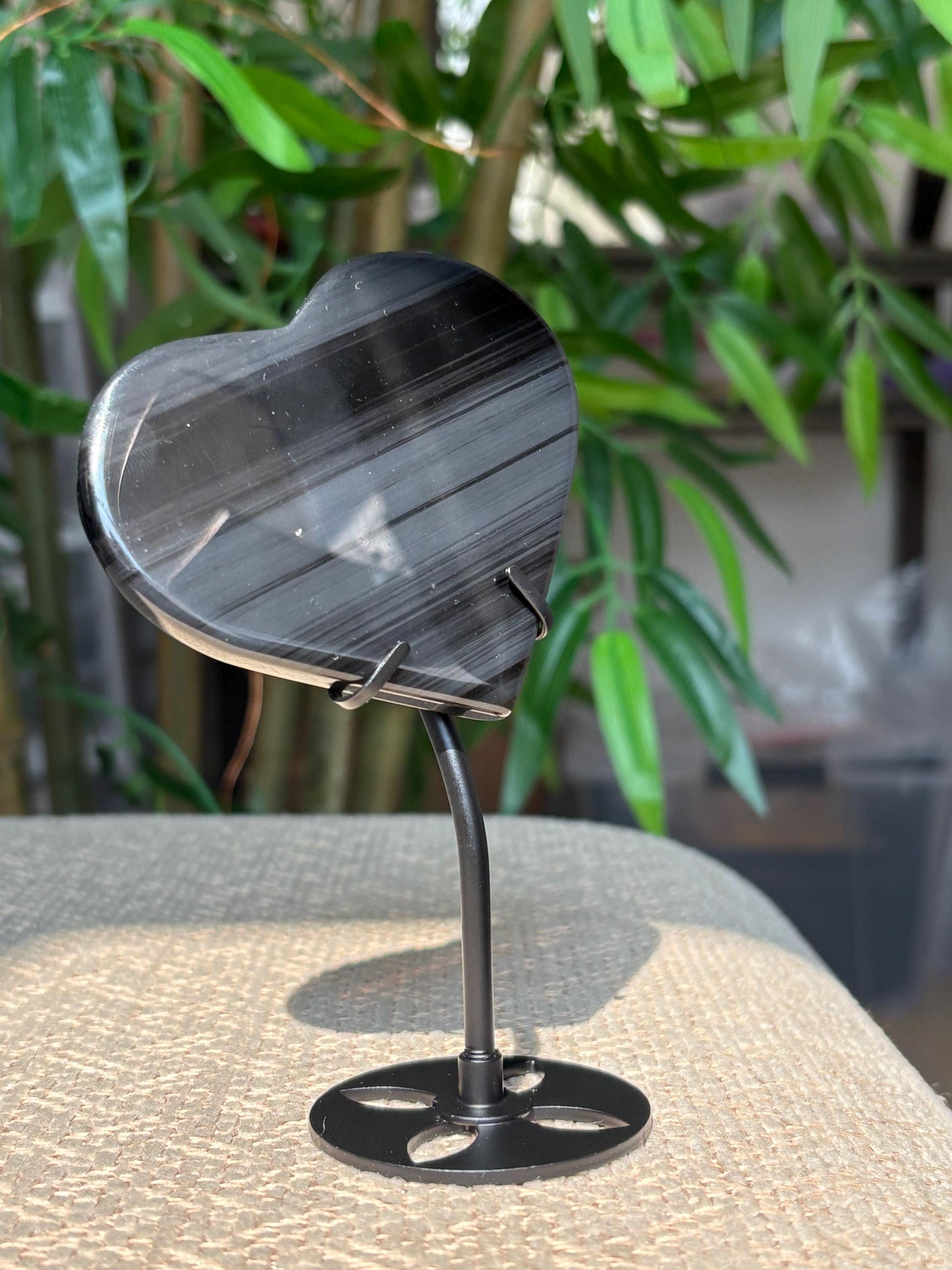 Midnight Lace Ice Obsidian Crystal Moon Carving with Stand ; 2.64 Inches