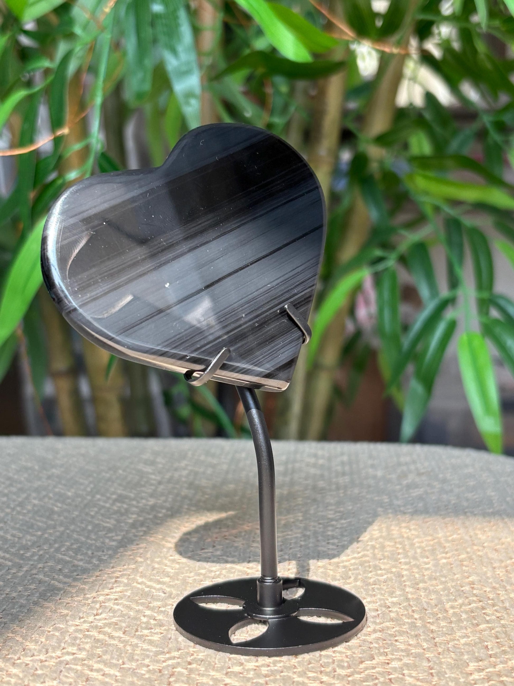 Midnight Lace Ice Obsidian Crystal Moon Carving with Stand ; 2.64 Inches