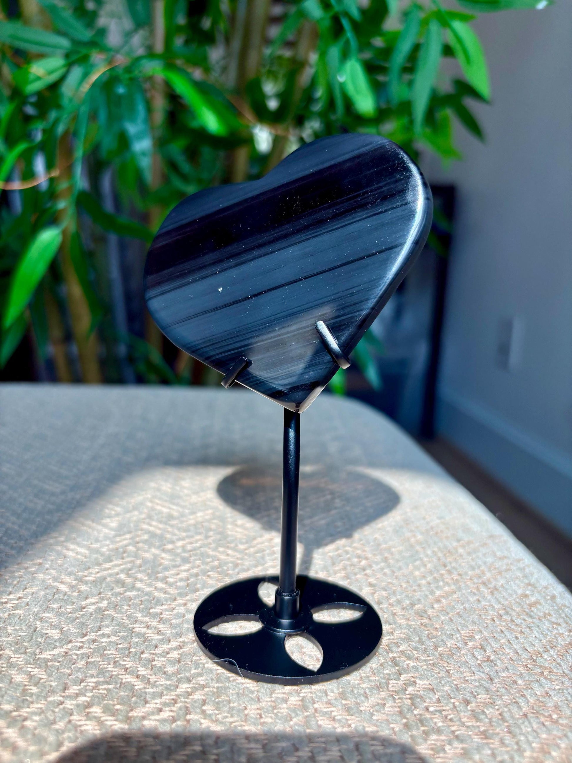 Midnight Lace Ice Obsidian Crystal Moon Carving with Stand ; 2.64 Inches