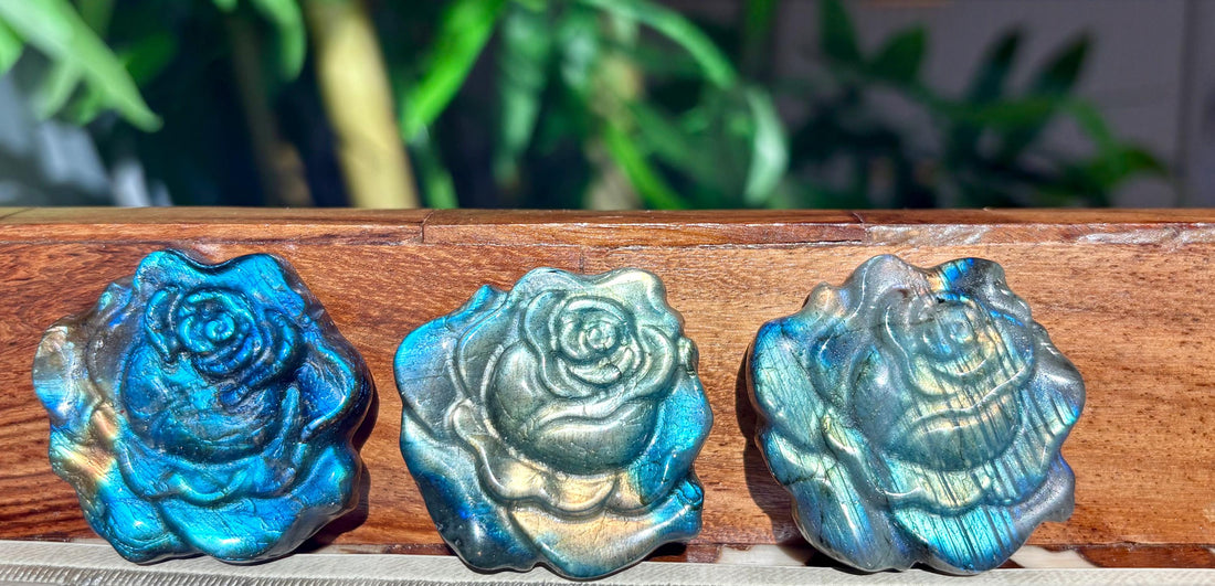 Super Flashy Labradorite Roses; Crystal Carvings