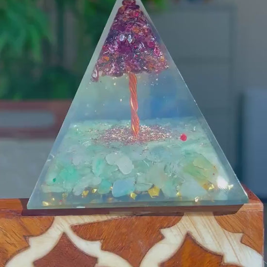 Miniature Crystal Trees; Green Aventurine and Garnet Crystal Orgonite Pyramid; 3.14 inches