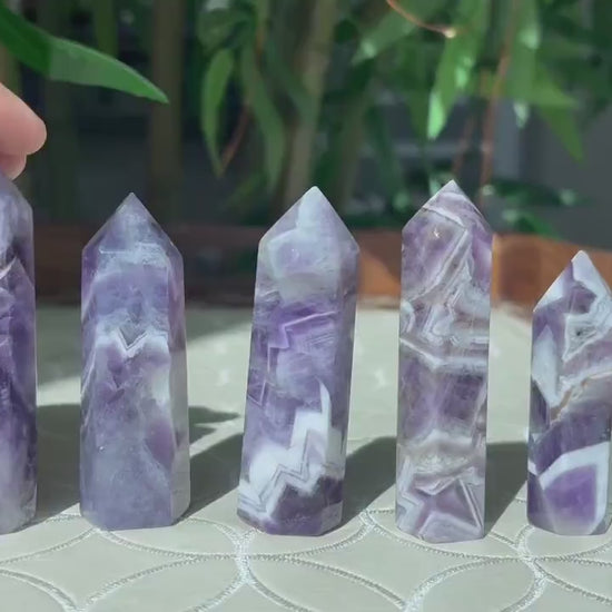 Chevron Amethyst Tower: Banded Purple Quartz Crystal
