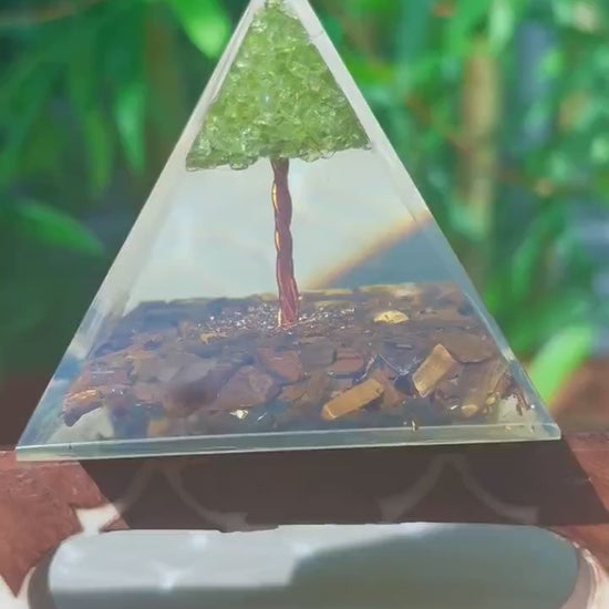 Miniature Crystal Trees; Peridot and Tiger Eye Crystal Orgonite Pyramid; 3.14 inches