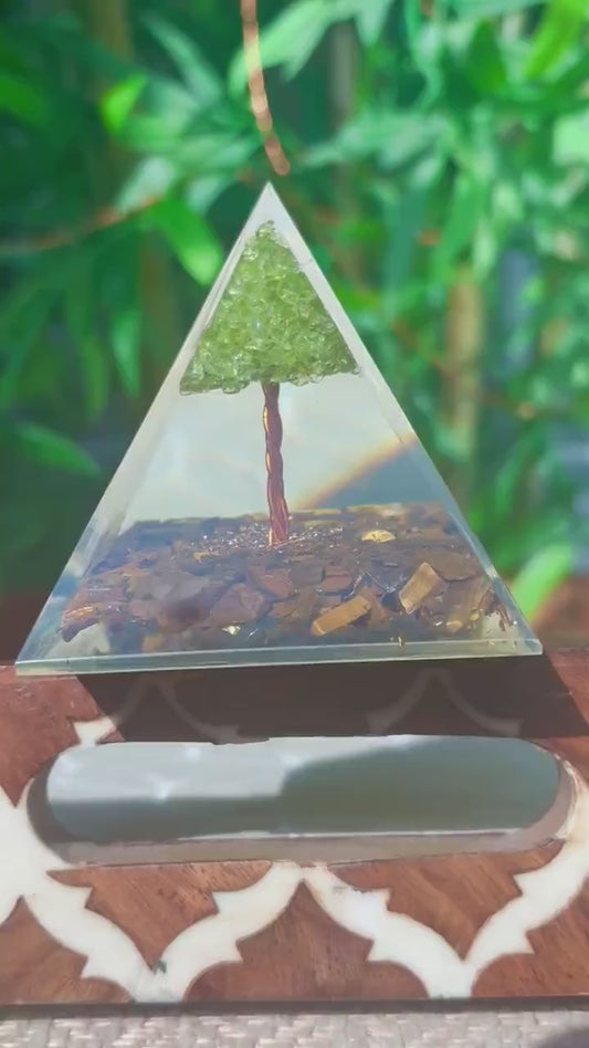 Miniature Crystal Trees; Peridot and Tiger Eye Crystal Orgonite Pyramid; 3.14 inches