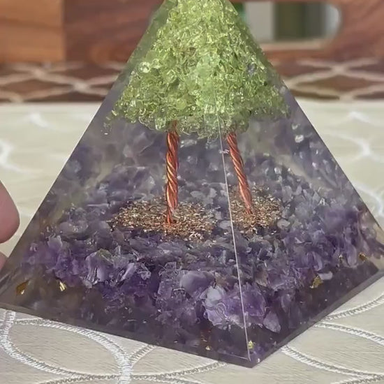Miniature Crystal Trees; Peridot and Amethyst Crystal Orgonite Pyramid; 3.14 inches