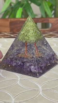 Miniature Crystal Trees; Peridot and Amethyst Crystal Orgonite Pyramid; 3.14 inches