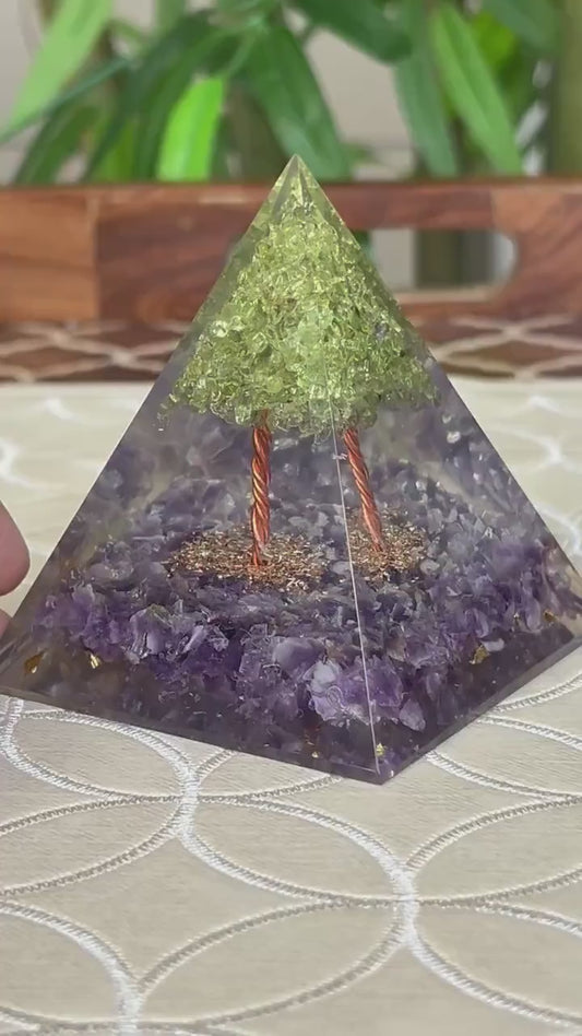 Miniature Crystal Trees; Peridot and Amethyst Crystal Orgonite Pyramid; 3.14 inches