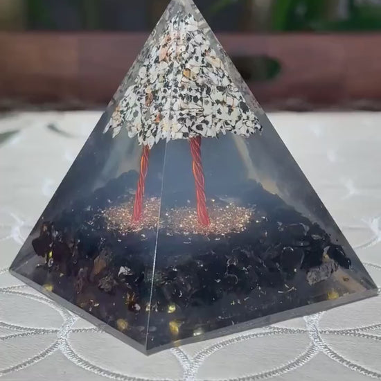 Miniature Crystal Trees; Black Tourmaline and Dalmatian Jasper  Orgonite Pyramid; 3.14 inches