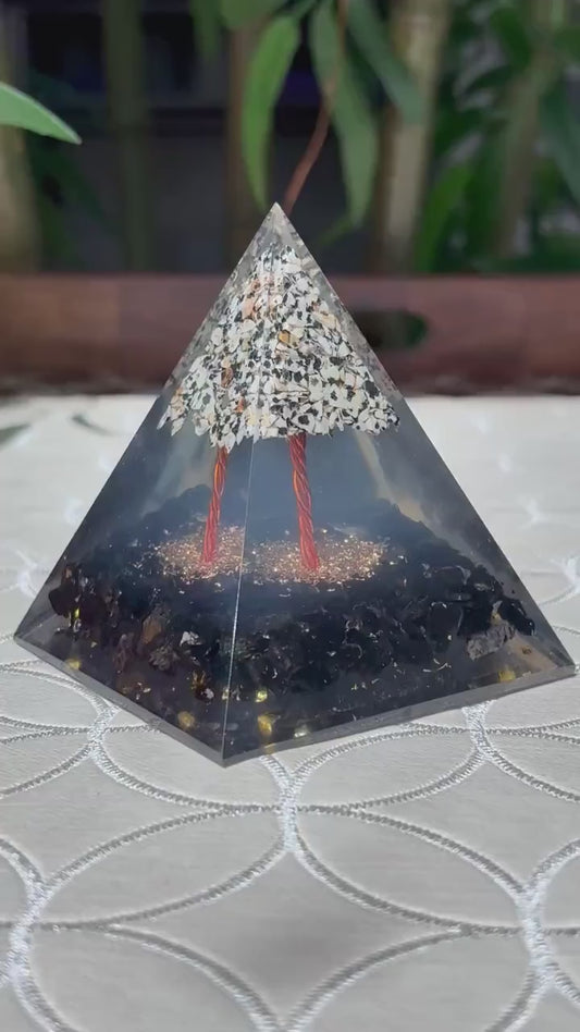 Miniature Crystal Trees; Black Tourmaline and Dalmatian Jasper  Orgonite Pyramid; 3.14 inches