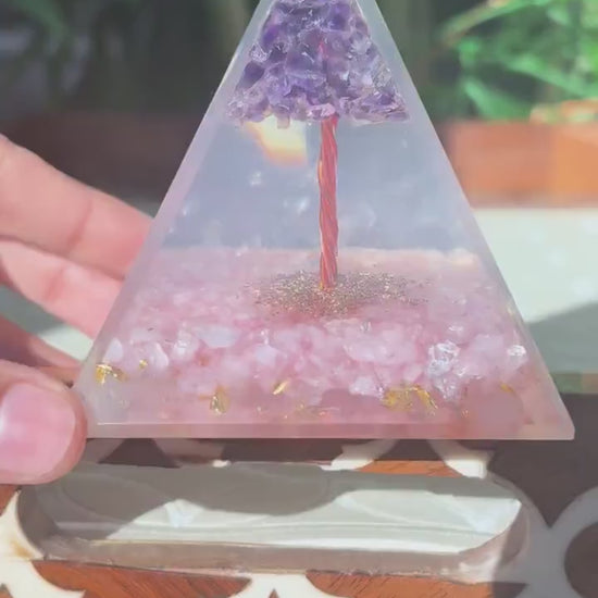 Miniature Crystal Trees; Amethyst and Rose Quartz Crystal Orgonite Pyramid; 3.14 inches