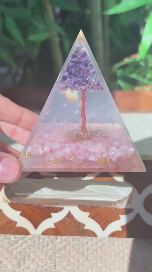 Miniature Crystal Trees; Amethyst and Rose Quartz Crystal Orgonite Pyramid; 3.14 inches
